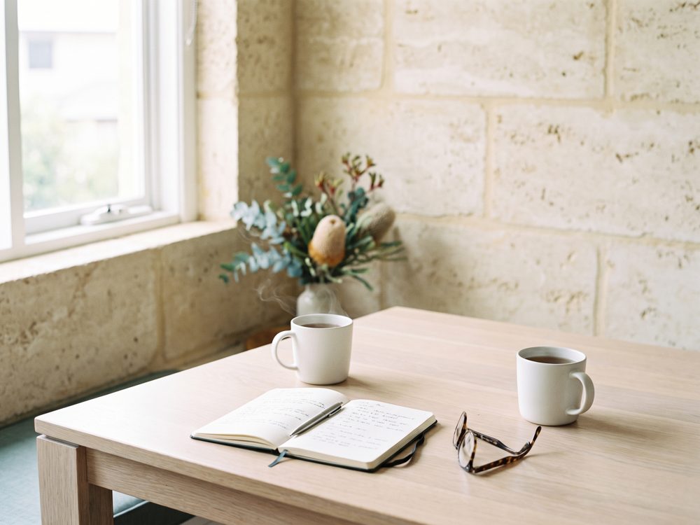 Two mugs of tea and an open notebook on a kitchen table